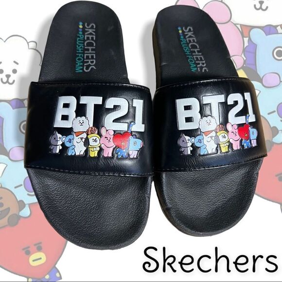 Skechers x Line Friends BT21 plush slides Sz 6 Rare - Picture 1 of 6